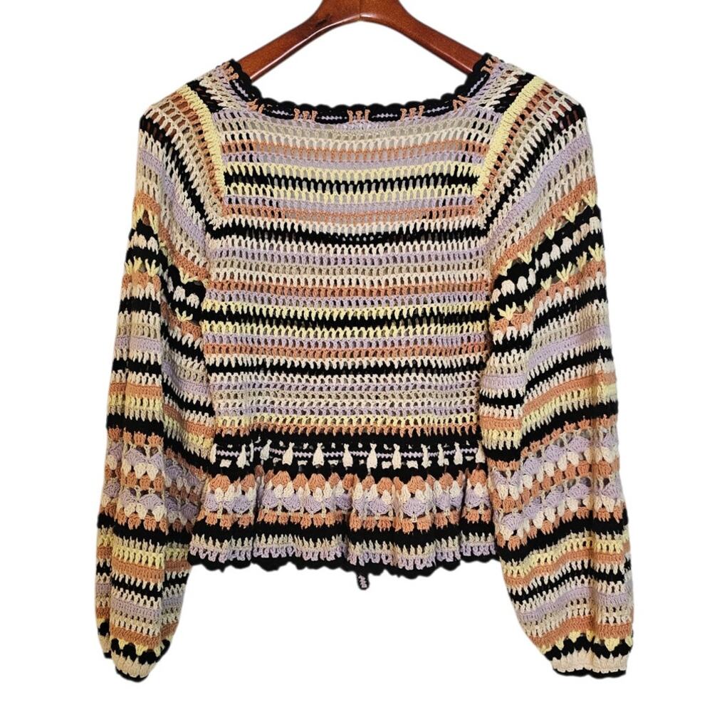 Ulla Johnson Constanza Crochet Striped Knit Peasant Peplum Cottagecore Sweater - Picture 3 of 7